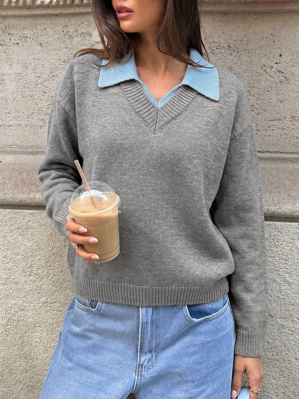 Contrast Collar Dropped Shoulder Sweater